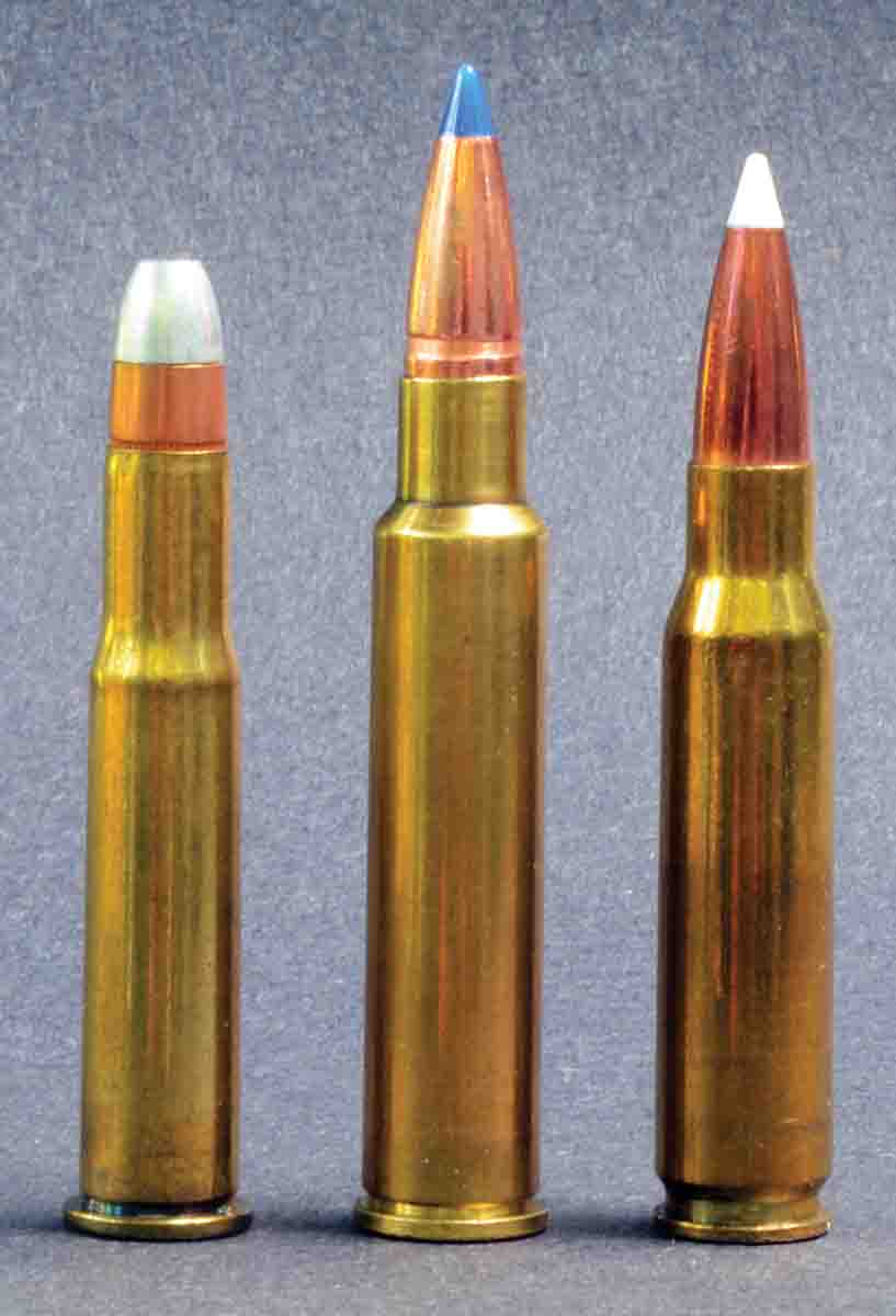 Gross capacity of the .309 JDJ case (center) is 25 grains greater than the .30-30 Winchester (left) and 12 grains more than the .308 Winchester (right).